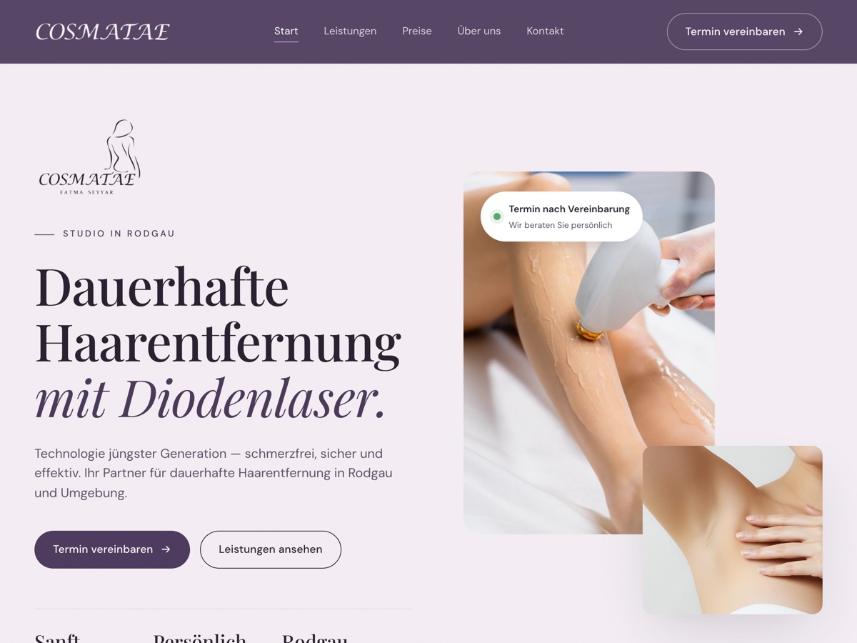 Cosmatae nach dem Redesign: klare Überschrift, Behandlungsfotos, Hinweis auf persönliche Beratung, direkter Weg zur Terminvereinbarung.